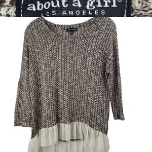 S ABOUT A GIRL Los Angeles BROWN CREAM WOVEN RUFFLE TRIM LOOSE SWEATER TOP SMALL